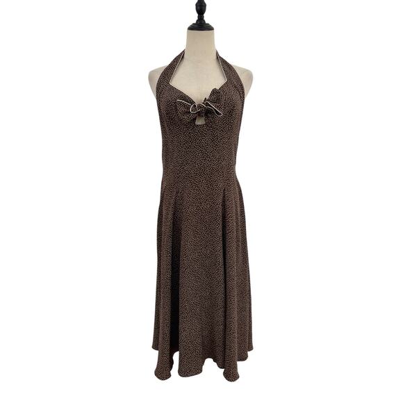 Vtg 90s Kay Unger Silk Dress Brown Cream Halter Key Hole Buttons Down Back Sz 10 - Picture 1 of 9